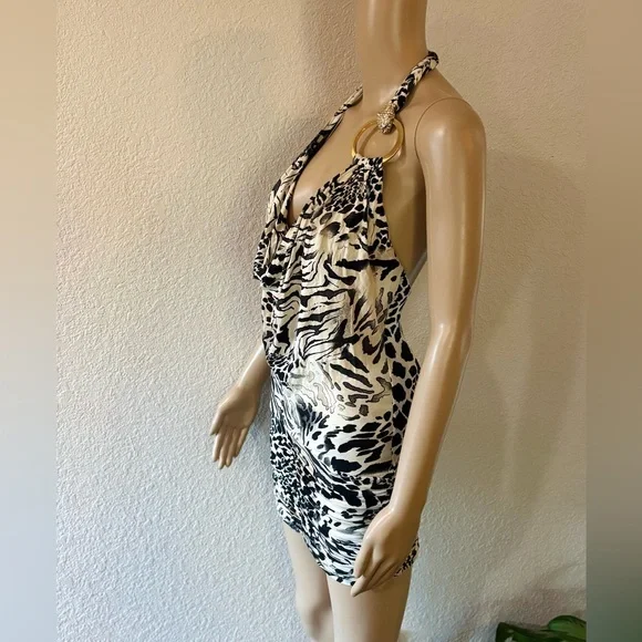 SKY Rare Original Y2K Black and Cream Animal Print Backless Halter Mini Dress - Picture 6 of 9
